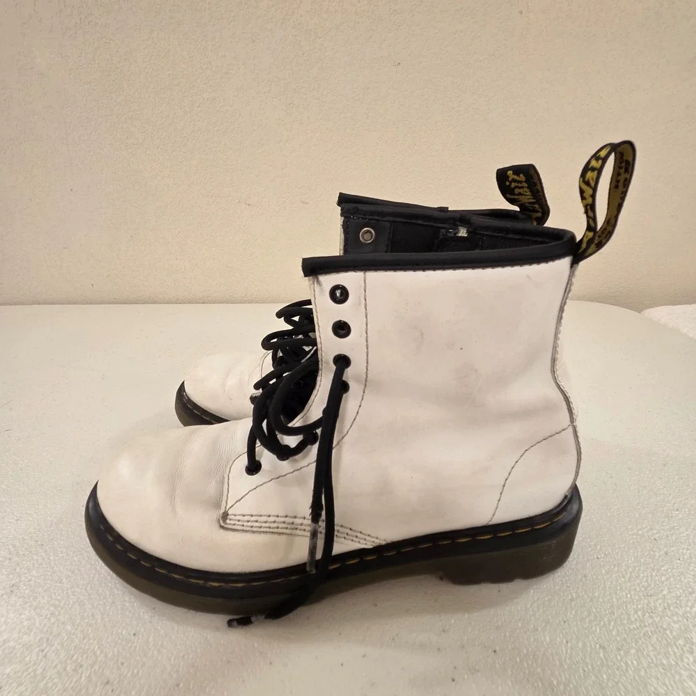 Dr. Martens 1460 J White Leather Lace Up Side Zip Combat Boots US Kids 4 Women 5